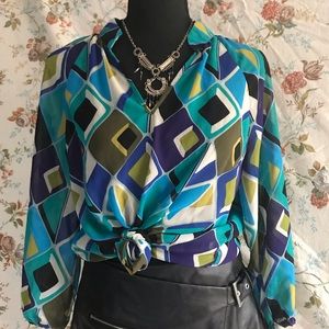 Vintage 80s Sheer Polyester Diamond Pattern Blouse